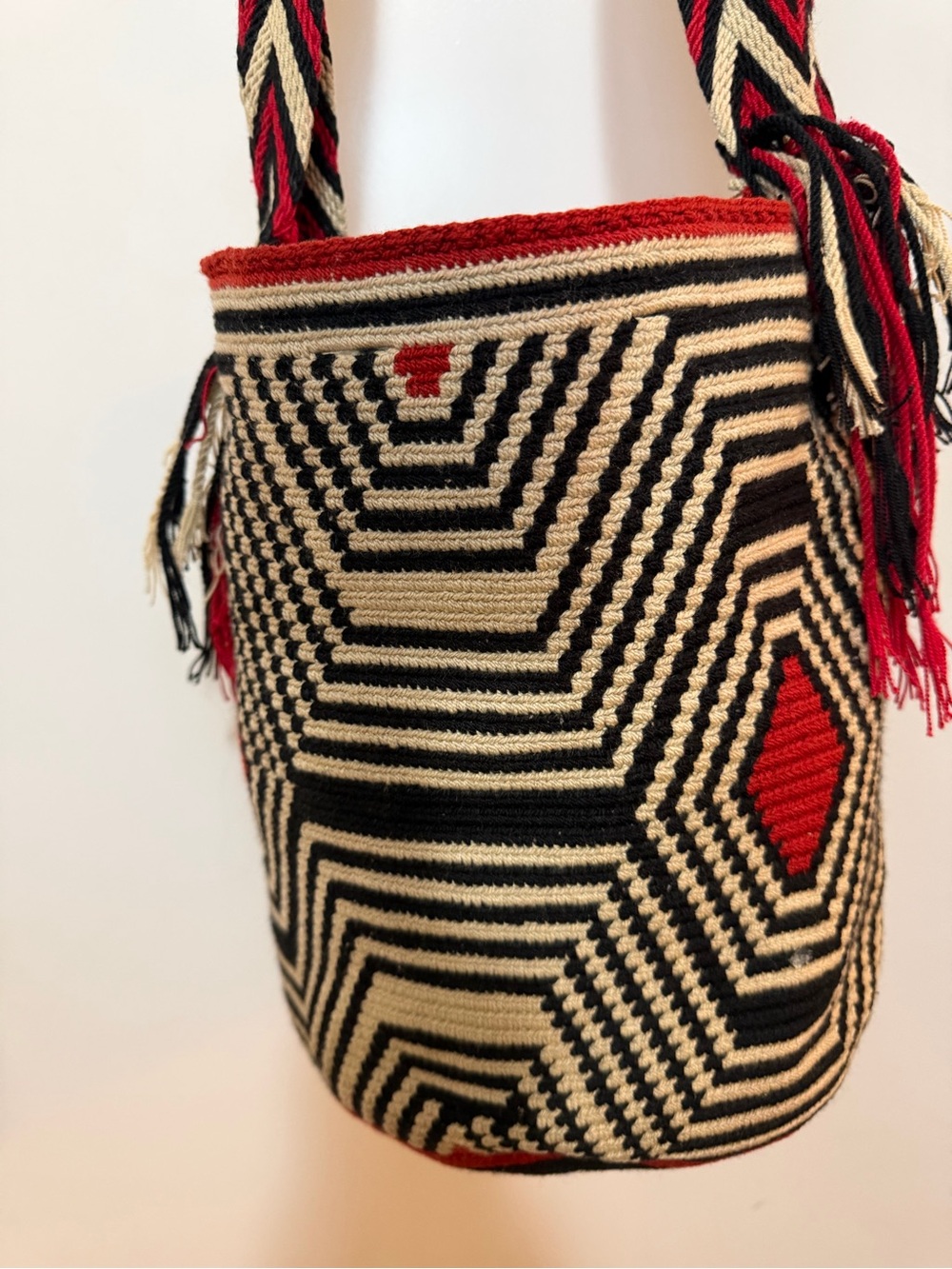 Handwoven Black, Cream & Red Geo Pattern Bucket Bag